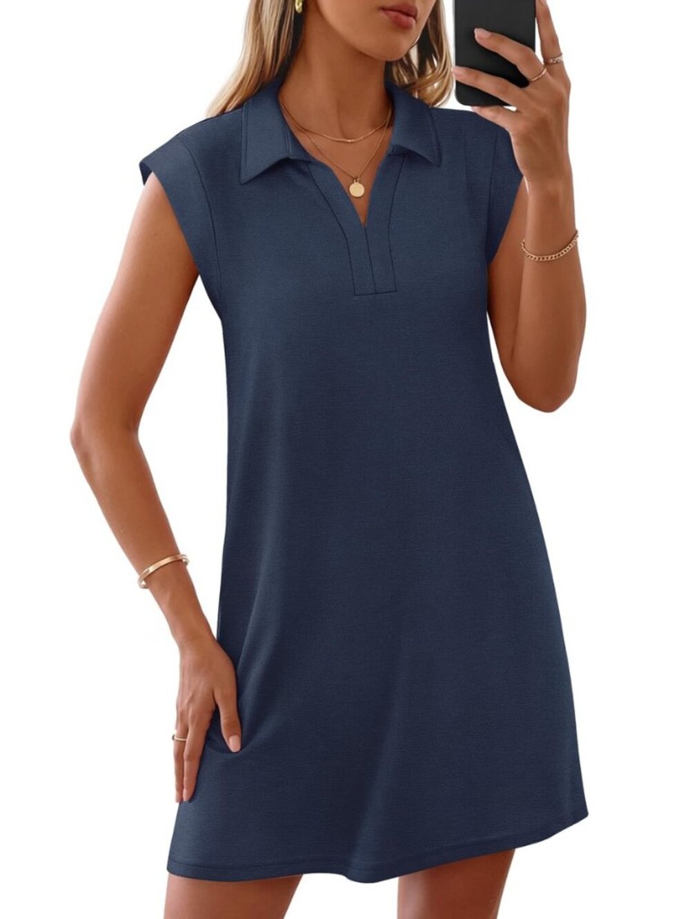 Women's Summer Casual V Neck Collared Loose T Shirt Mini Dress